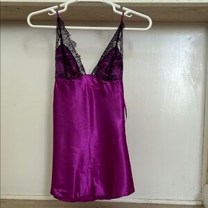 NWT Dreamgirl Magenta Satin Chemise Lingerie Black Lace Ribbon Accents Sz Small